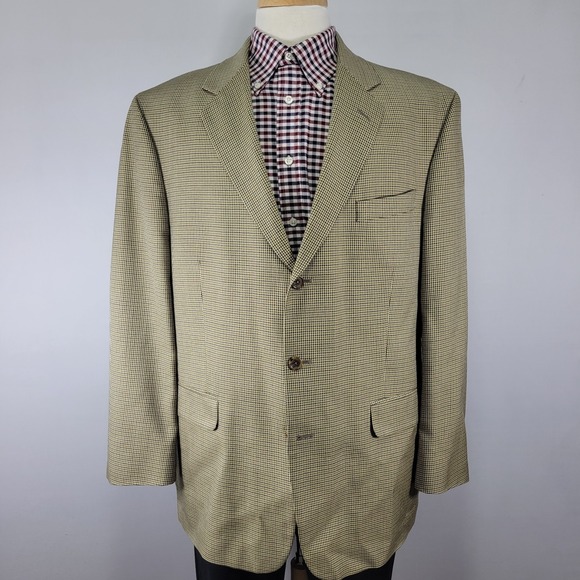 Stafford Men's Sport Coat Blazer Three Button Beige Houndstooth Silk Wool 44R
